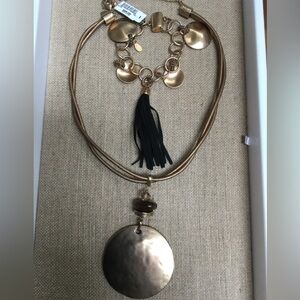 Chico’s Brushed Gold Statement Necklace and Magnetic Clasp Bracelet Set